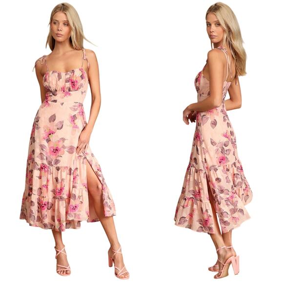 Lulus Tea Party Chic Pink Floral Print Tie-Strap Tiered Midi Dress size Small - Picture 1 of 5